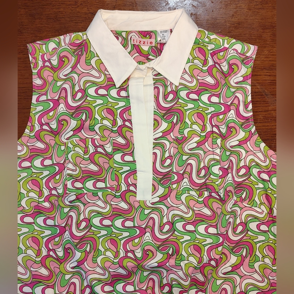 NWT TIZZIE PINK GREEN MOD SPLIT NECK COTTON DRESS with POCKETS WOMEN'S Sz XL. - Picture 4 of 8